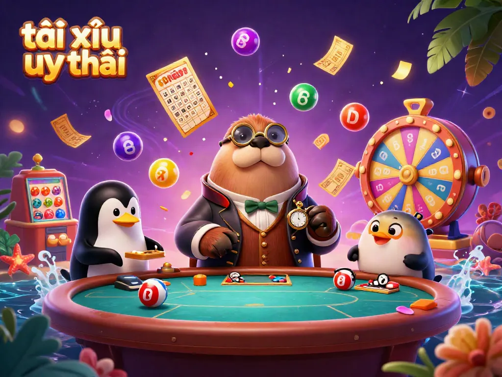 Experience the excitement of tài xỉu uy tín with a lively underwater poker scene featuring a walrus, penguin dealer, and pufferfish player.