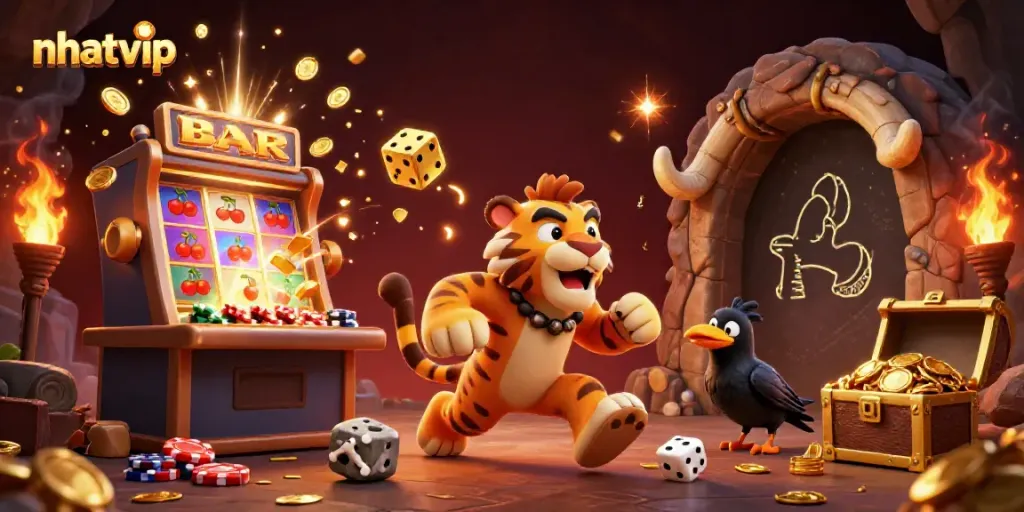 Experience the vibrant nhatvip casino world with colorful slot machines and lively characters.