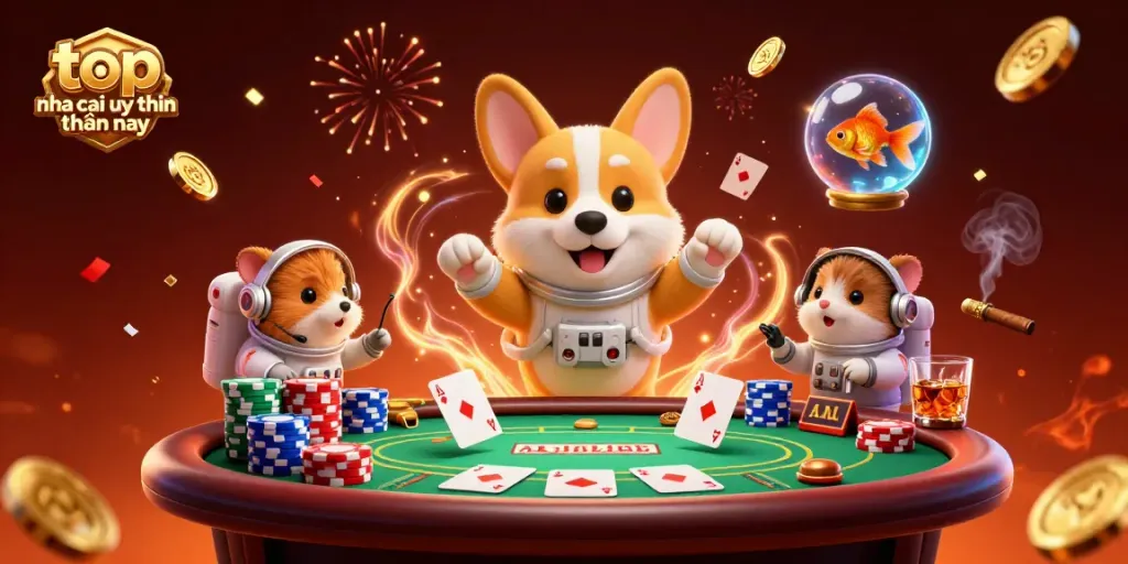 Engage with the top nha cai uy tin hiện nay through a dynamic 3D illustration of an astronaut corgi in a space casino.