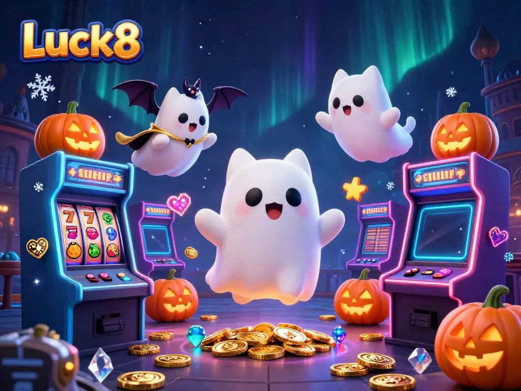 Luck8 cat and bat characters explore a dynamic haunted casino filled with slot games.