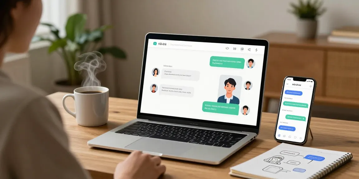 Engaging nsfw ai chat between a user and AI avatar in a cozy home office.