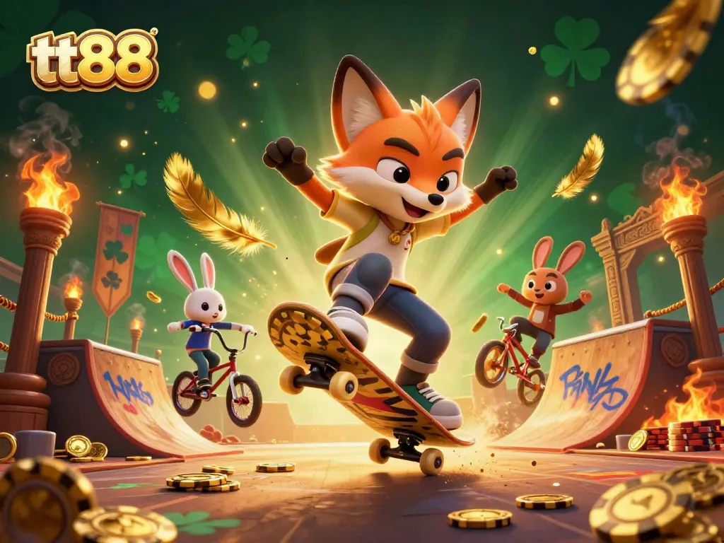 Experience thrilling gaming at tt88 with a cartoon fox kicking over poker chip ramps amid casino symbols.