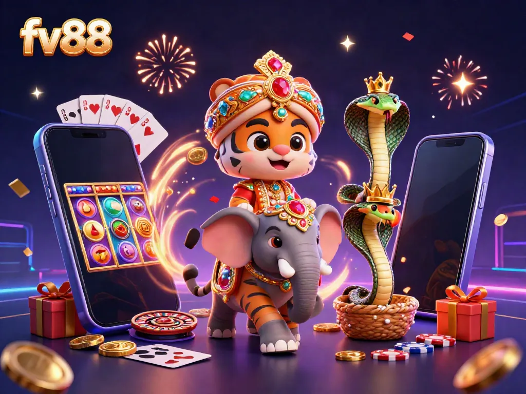 Experience the excitement at fv88 with a mesmerizing 3D illustration of a maharaja tiger and an elephant amidst casino elements.