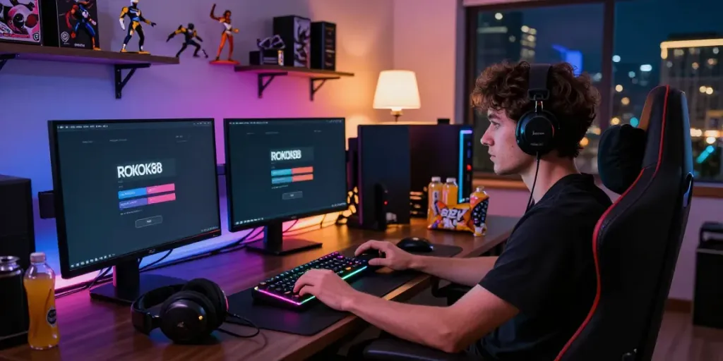 rokok88 login on a gamer's multi-monitor setup with gaming gear