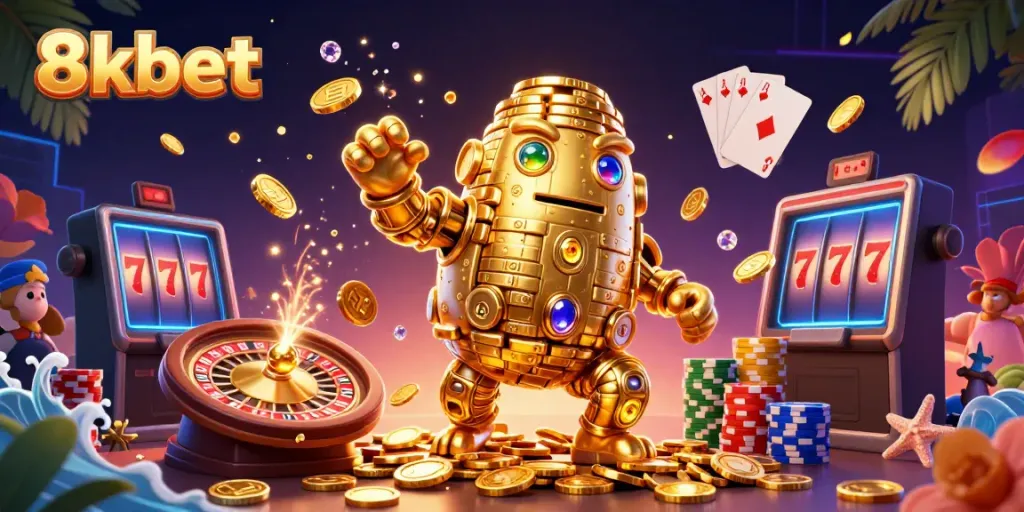 Experience 8xbet's exciting gaming environment featuring a golden golem and dynamic casino elements.