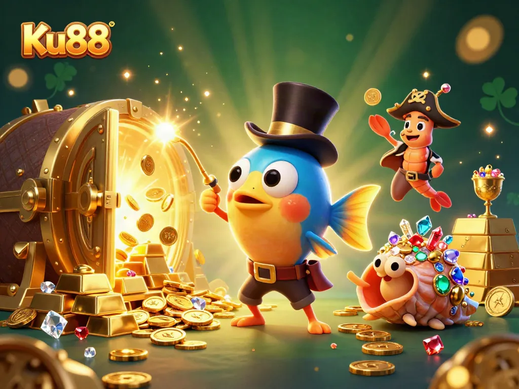 Experience the excitement of Ku88 casino with interactive characters and glittering treasures in this vibrant 3D illustration.