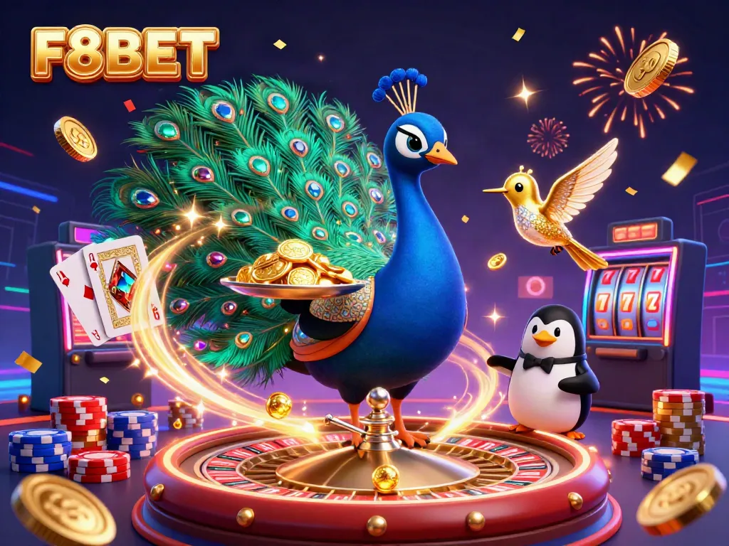 Engage with F8BET's vibrant casino scene featuring a peacock, penguin, and hummingbird amidst golden coins and chips.