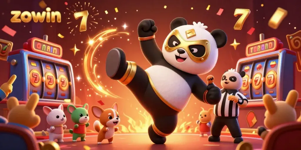 Experience the excitement of ZOWIN with a cartoon panda wrestler performing a flying kick in a vibrant casino scene with colorful slot elements.