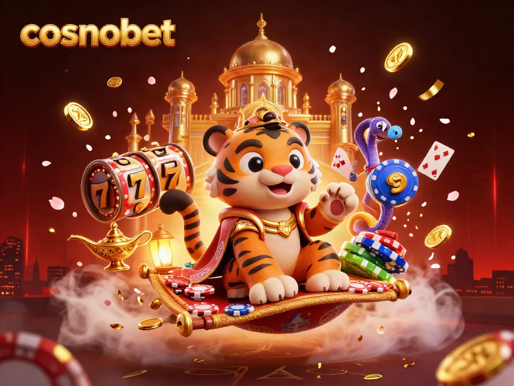 Engage with cosmobet in this vibrant 3D casino illustration featuring a sultan on a magical carpet surrounded by exciting gaming elements.