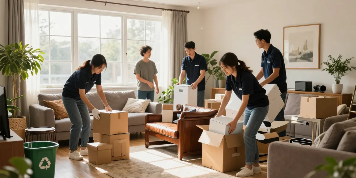 House clearance team efficiently organizing furniture and items in a bright, welcoming living room.
