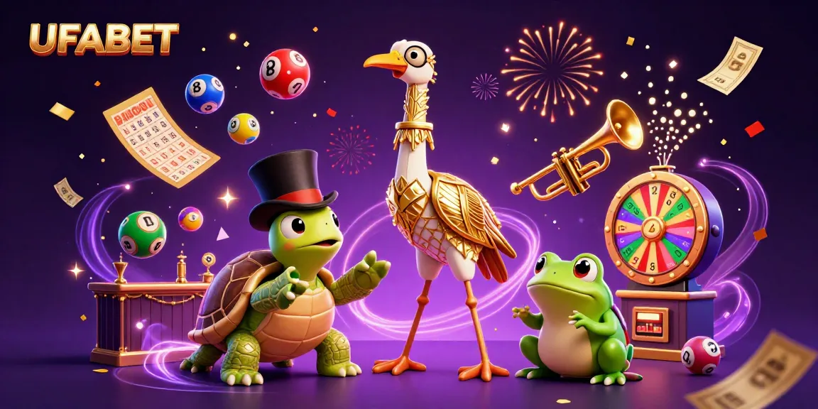 Play with UFABET's vibrant lottery game elements and characters in a fun-filled casino scene.