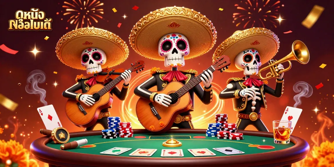 Engage in ดูหนังออนไลน์ with a vibrant Day of the Dead skeleton mariachi band playing cards and chips.