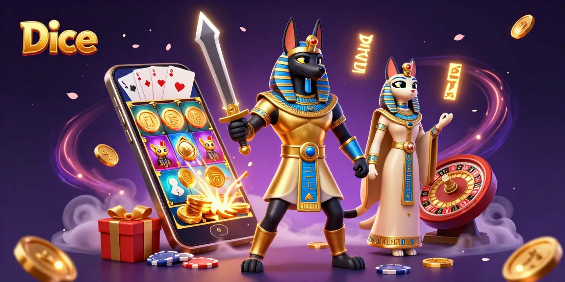 Roll dice in an exhilarating gaming experience featuring Anubis and Bastet amid vibrant casino elements.