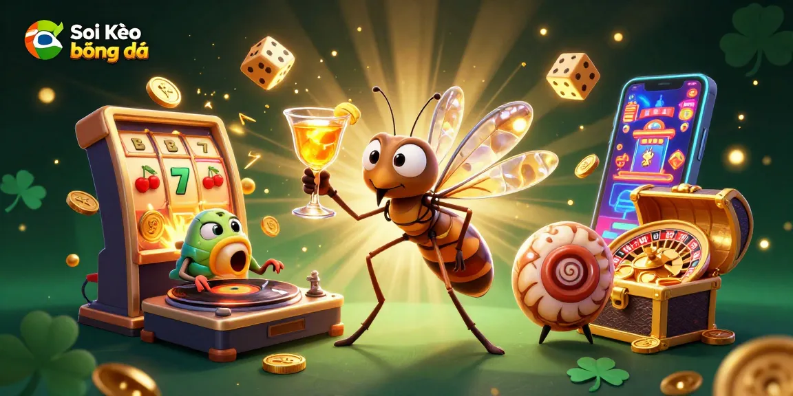 Soi Kèo bóng đá illustration featuring a frozen mosquito casino mascot, trilobite DJ, and golden roulette wheel.
