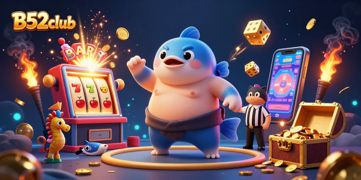 B52club showcases an underwater casino illustration with colorful slot machines and festive characters.