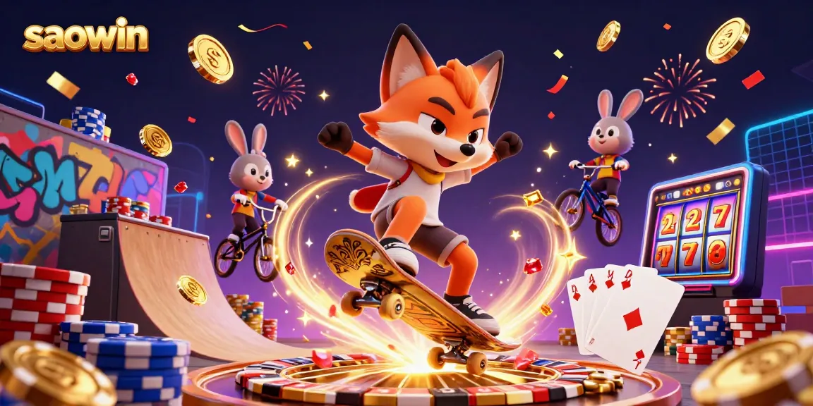 Experience gaming thrills at saowin with vibrant, dynamic casino-themed 3D illustration.