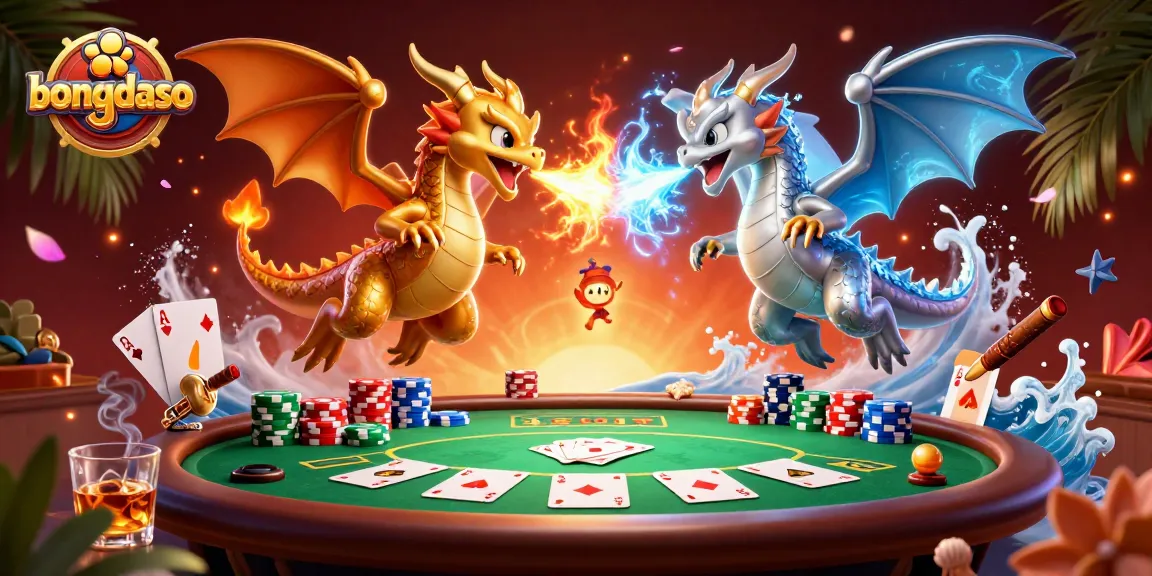 Experience the excitement of bongdaso with dynamic dragons and poker elements in a captivating scene.