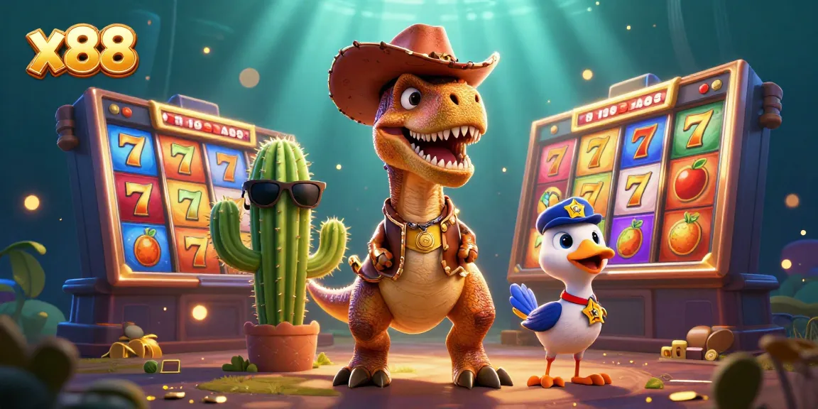 Win big at x88 with vibrant slot machines featuring lucky 7s and colorful fruits in a lively scene.