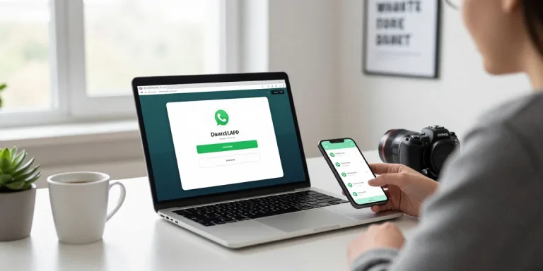 Easy WhatsApp下載 process on a sleek laptop in a bright workspace