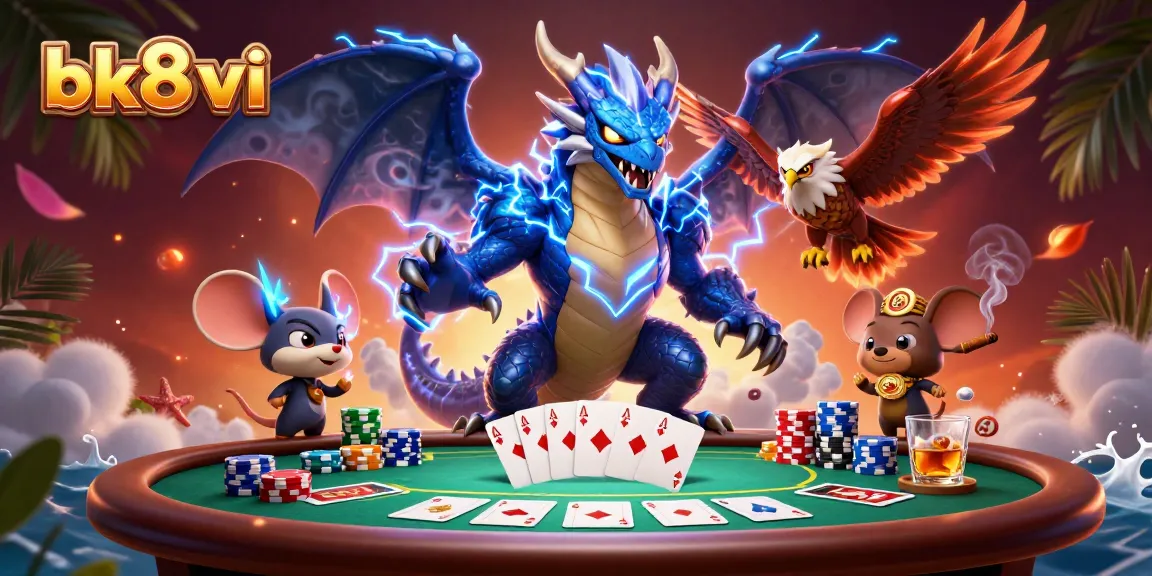 Engage in thrilling poker at bk8vi with a vibrant scene featuring dynamic characters and colorful casino elements.