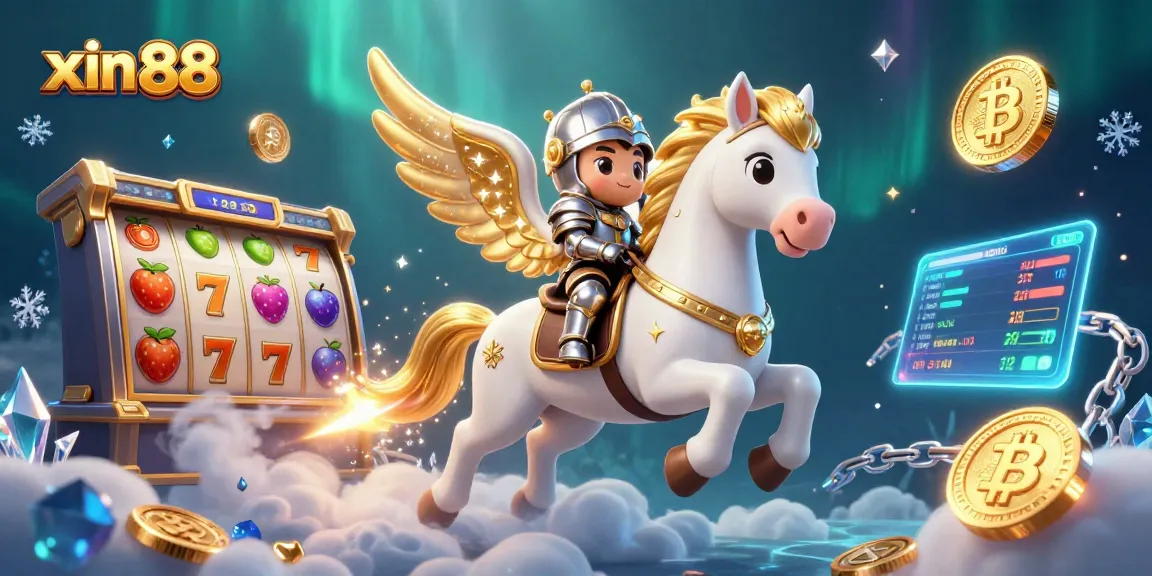 Engage with xin 88 while experiencing a thrilling casino adventure with cartoon horse, knights, and vibrant slot reel game elements.