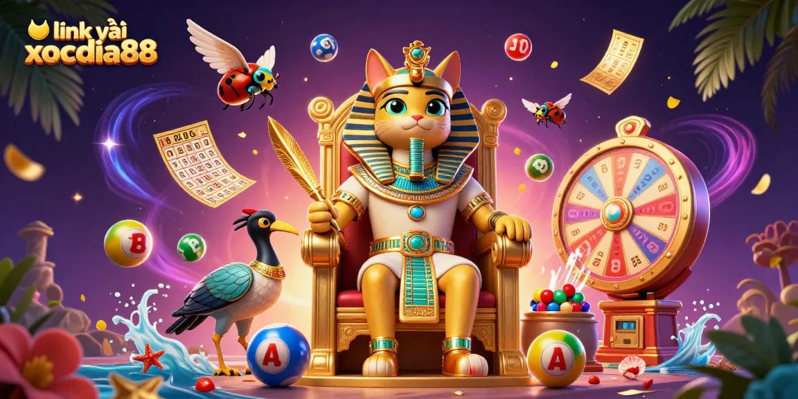Win big with link vào xocdia88 in this vibrant casino-themed illustration featuring a pharaoh cat!