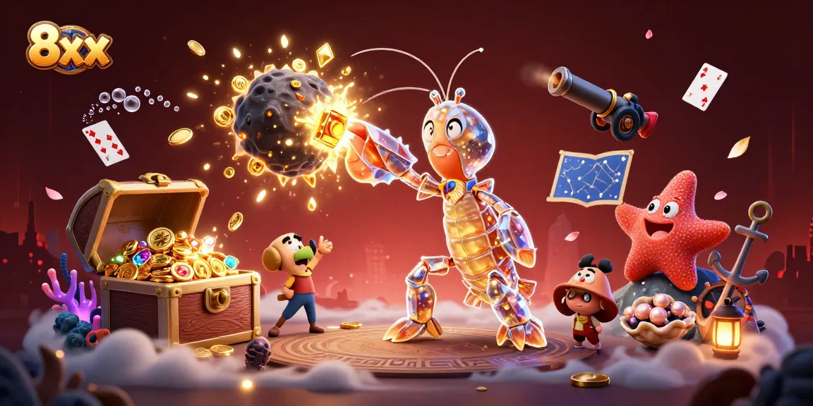 Experience thrilling casino action as the 8xx mantis shrimp conquers treasures in a vibrant underwater scene.