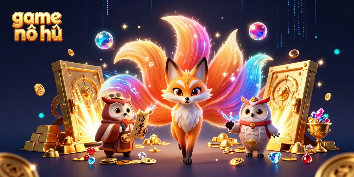 Experience the excitement of game nổ hũ with a captivating 3D illustration featuring vibrant characters and treasure elements.
