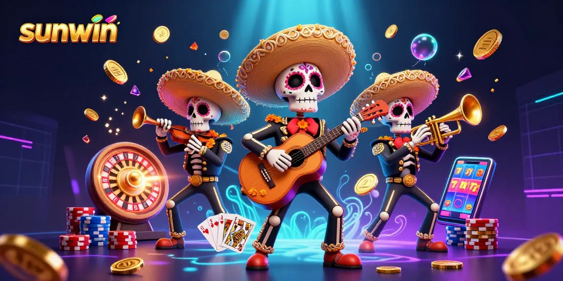 Engage in thrilling gaming with Sunwin's colorful casino scene featuring 3D skeleton mariachi band.