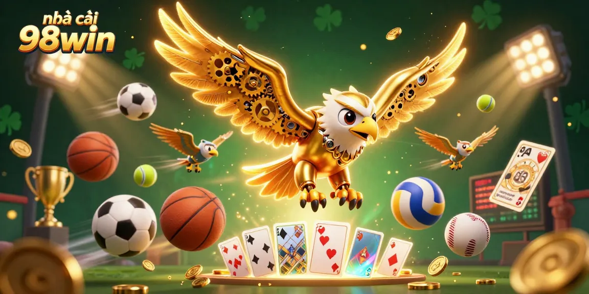 Experience the excitement of nhà cái 98win with a dazzling 3D illustration of a cybernetic eagle amidst flying sports elements.