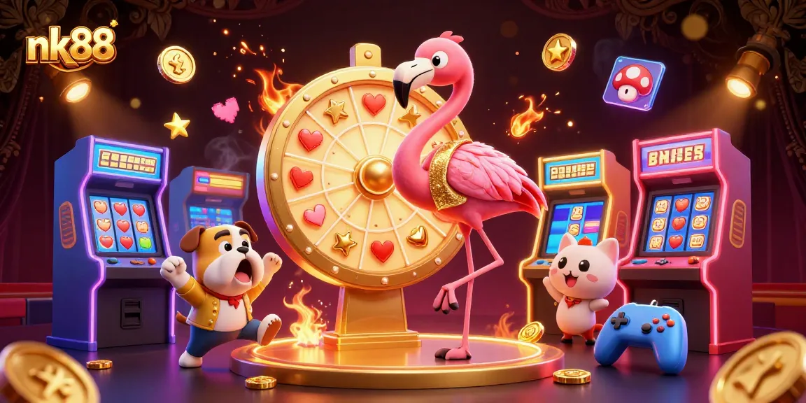 Engage with nk88's exciting slots at a vibrant online casino illustrated with dynamic gaming elements and joy.