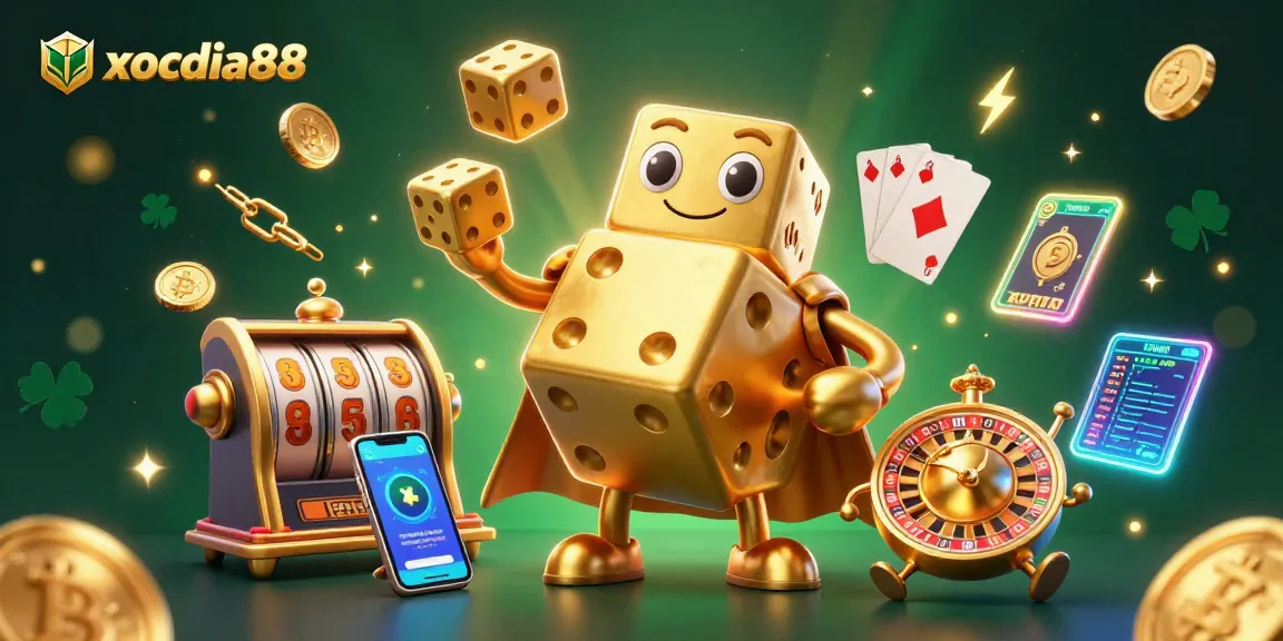 Experience the excitement of xocdia88 with a golden dice golem juggling coins in a vibrant casino scene.