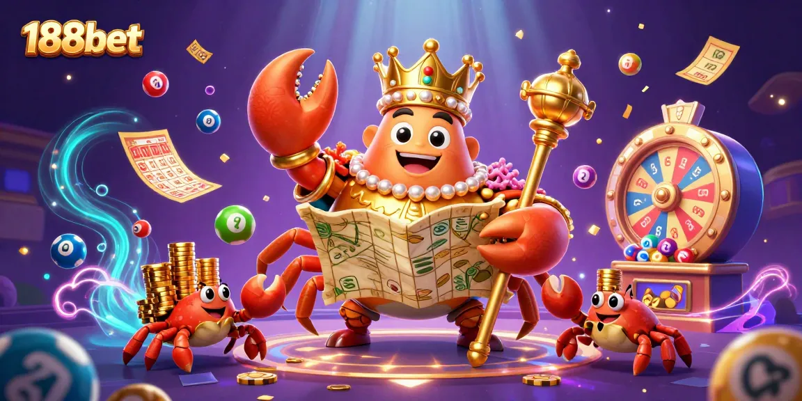 Engage in the exciting 188bet casino adventure with a golden crab emperor amidst vibrant gaming elements.