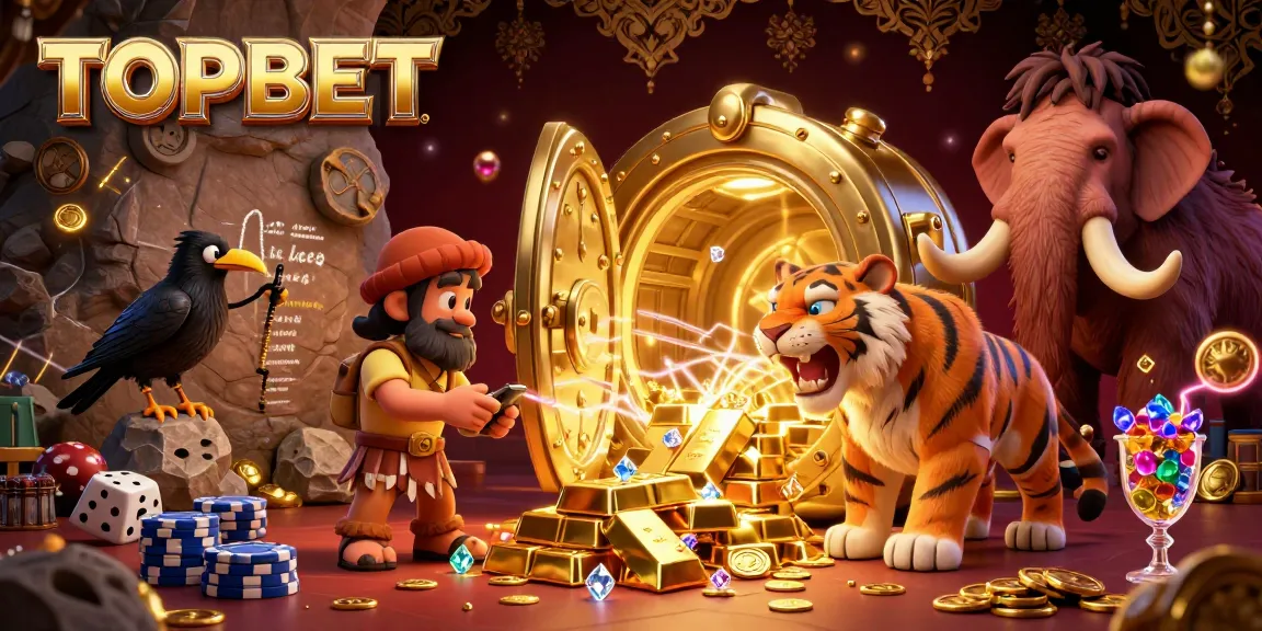 Engage with TOPBET's prehistoric casino through a vibrant 3D illustration full of treasure and excitement.