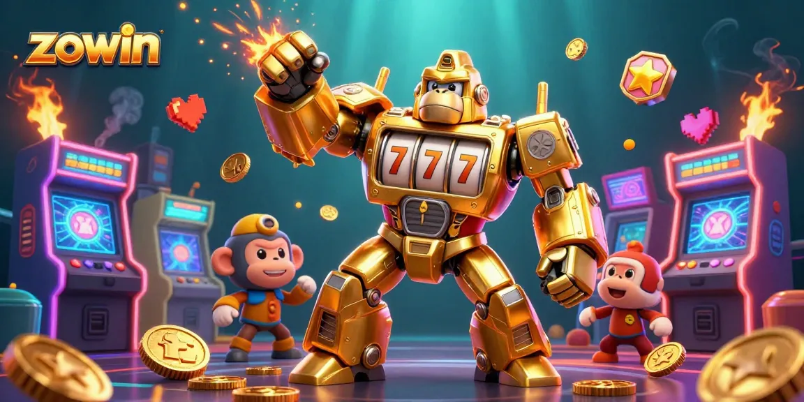 Zowin's engaging golden gorilla mech bursts upward with coins, showcasing dynamic gaming excitement.