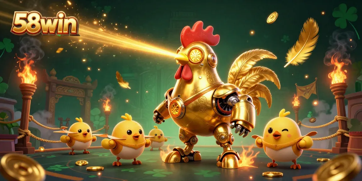 Engage with thrilling games at 58win, featuring golden rooster robot amidst vibrant casino elements.