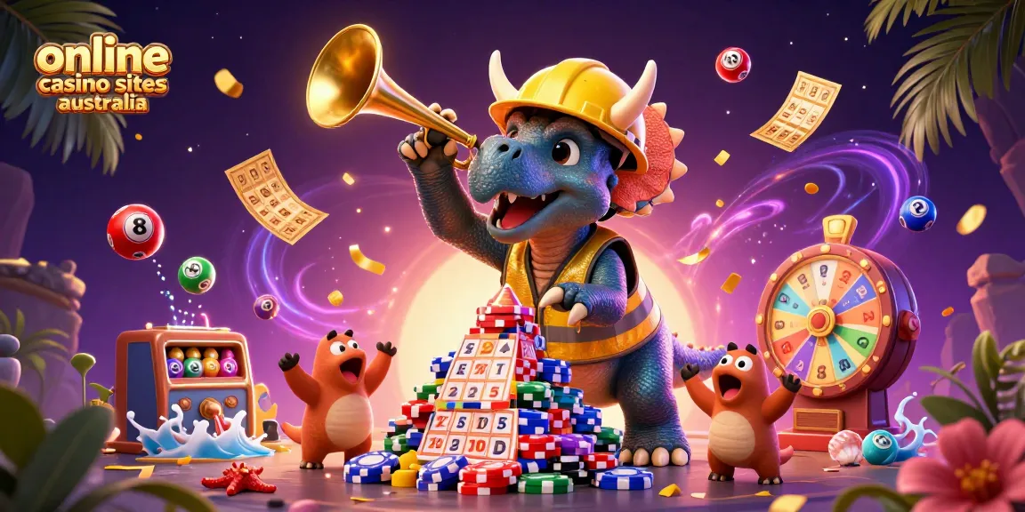 Engage with online casino sites australia as a triceratops celebrates with poker chips and colorful lottery elements.