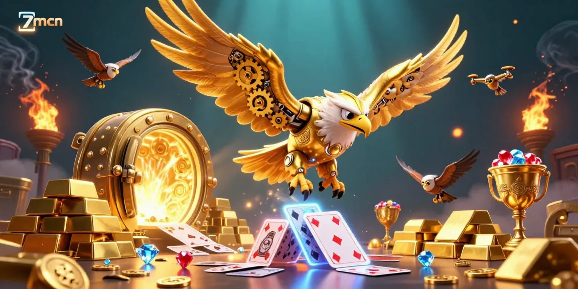 Experience thrilling gameplay with 7mcn's golden eagle amidst cascading cards and treasure.