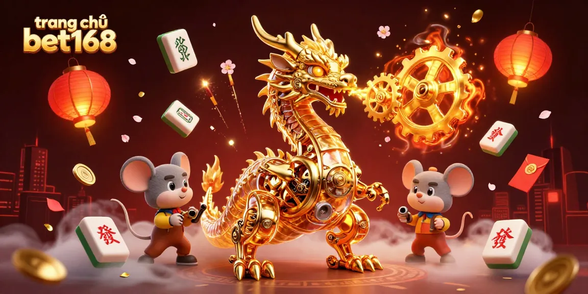 Experience the captivating world of trang chủ bet168 with a golden dragon, mahjong tiles, and festive elements.