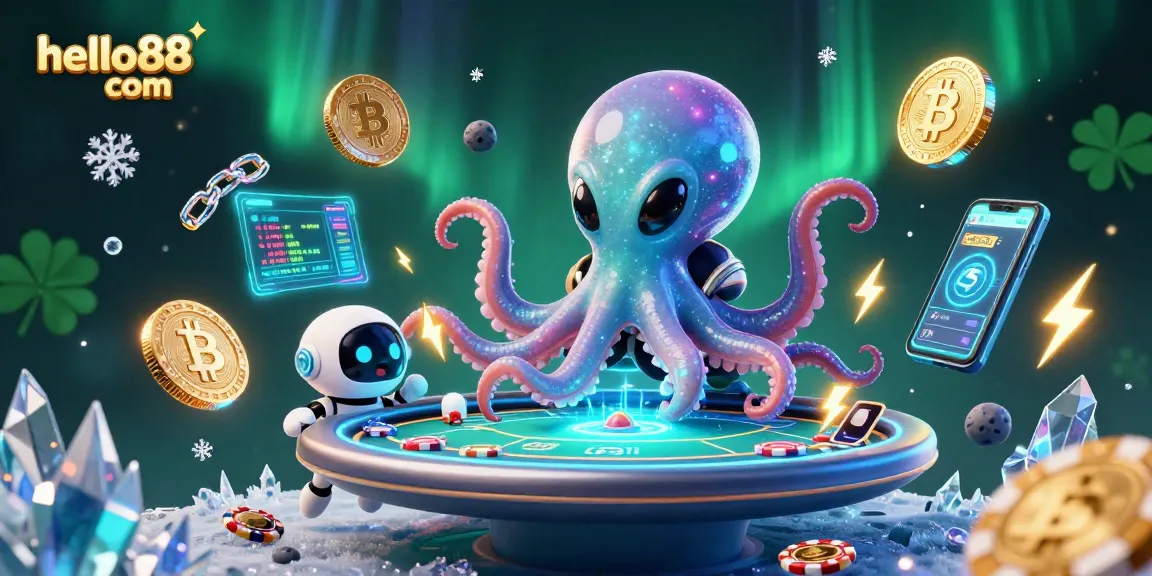 Engage with hello88 com at a holographic poker table led by an alien octopus in a vibrant cosmic scene.