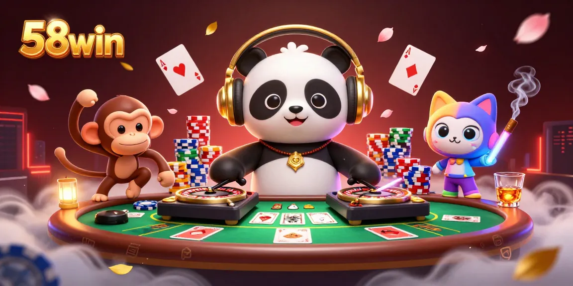 Experience exquisite gaming atmosphere with 58win's vibrant casino scene, featuring energetic characters and elements.
