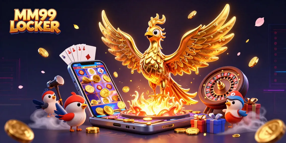 Engage with the thrilling MM99 LOCKER experience featuring a molten golden phoenix and vibrant casino elements.