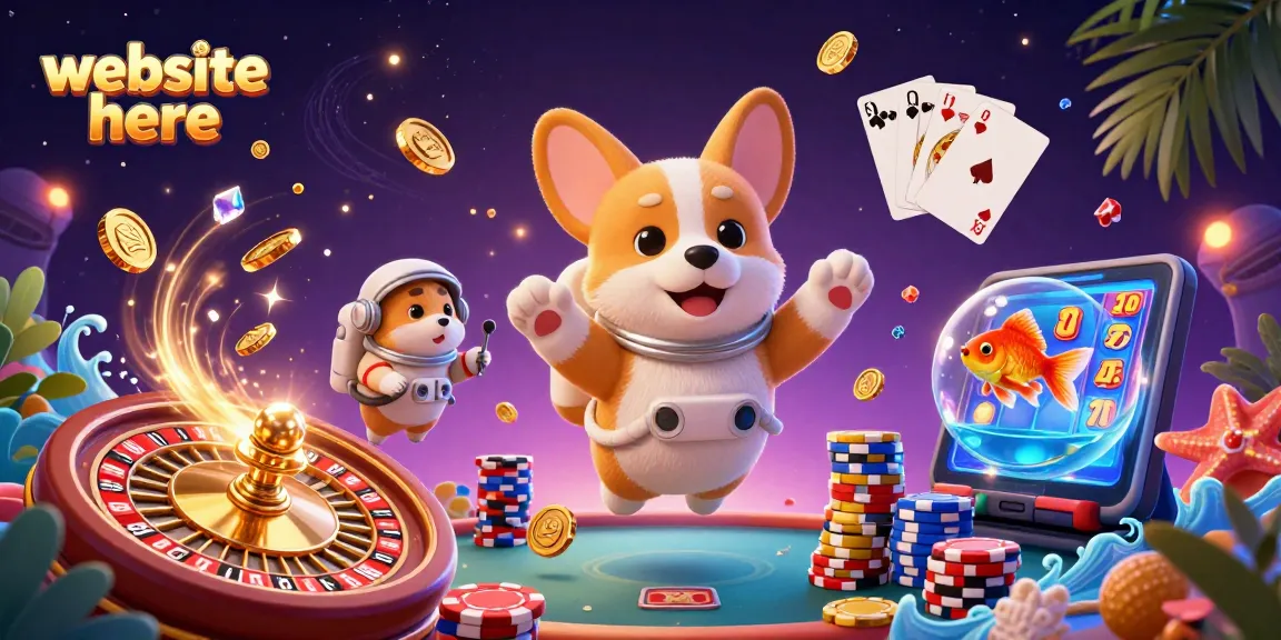 Betting fun with a cartoon astronaut corgi in a casino casino: website here showcases royal flush action amidst sparkling stars.