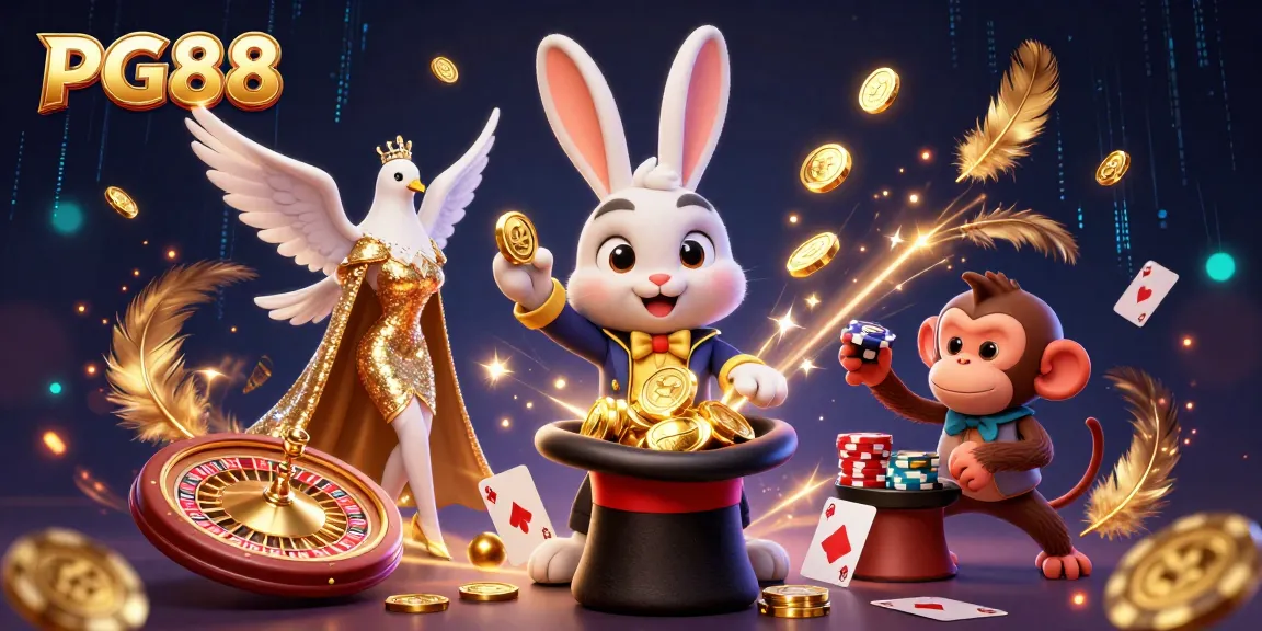 Win big with PG88 at an exciting casino scene featuring a magician rabbit, assistant dove, and monkey.