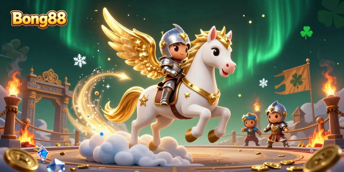 Experience the thrill of Bong88 with this vibrant casino illustration featuring a celestial horse and knight.