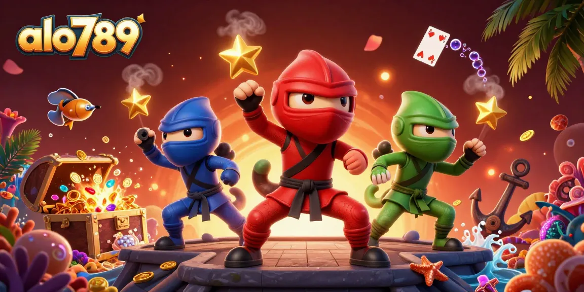 Experience thrilling action with the ninja team of alo789, surrounded by casino-themed treasures and effects.