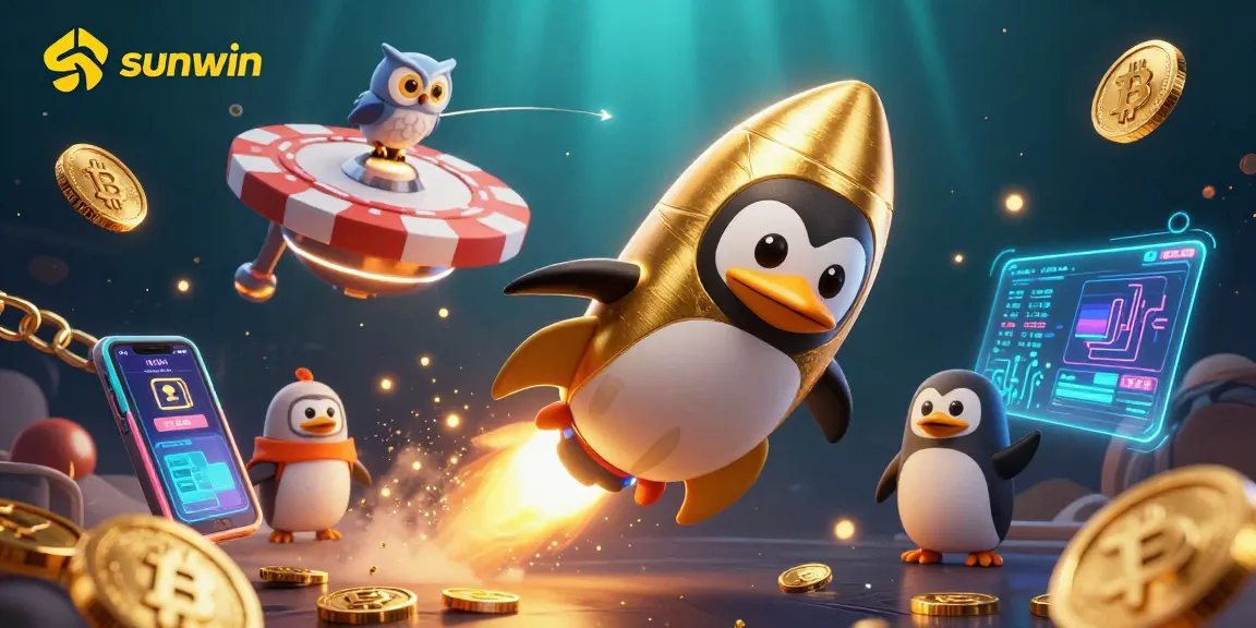 Experience thrilling gaming at sunwin with a dynamic scene featuring a golden penguin and crypto elements.