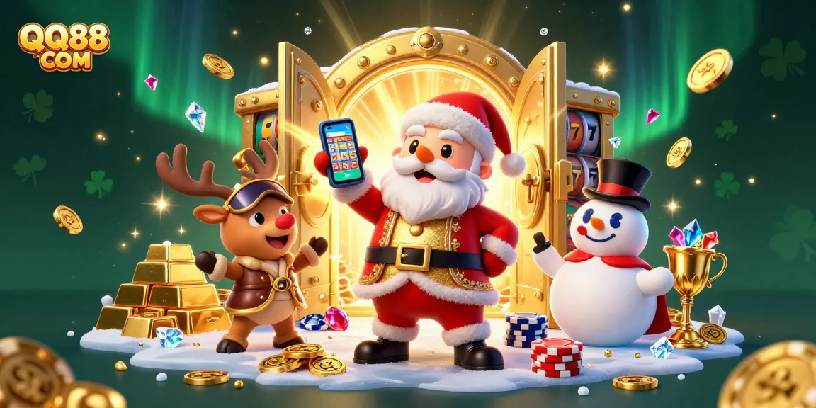 Experience big wins with QQ88 COM at this vibrant cartoon casino scene featuring fantasy characters.