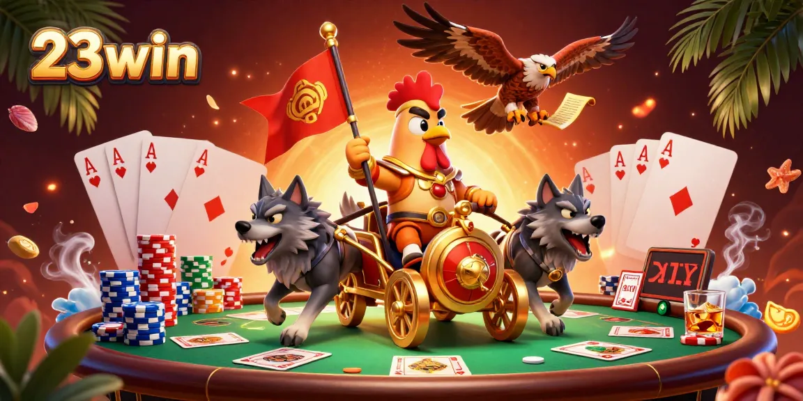 Experience the excitement of 23win with a dynamic scene of poker action and vibrant casino elements.