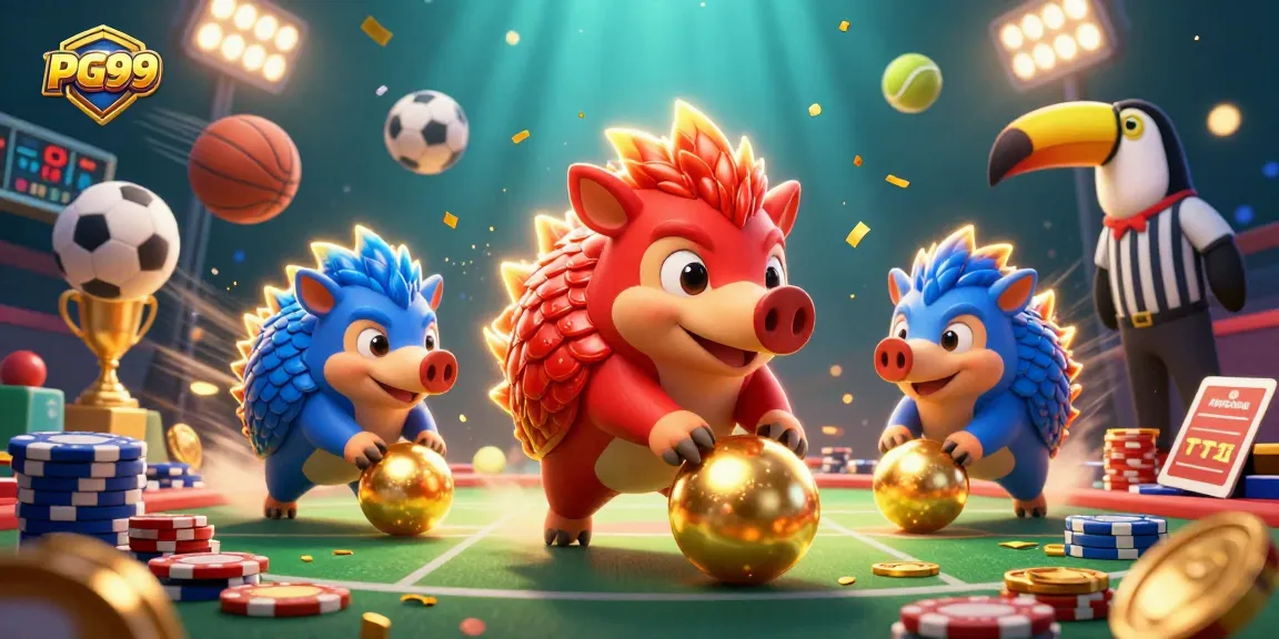 Roll with PG99's rival pangolins, striking golden balls in a vibrant casino.